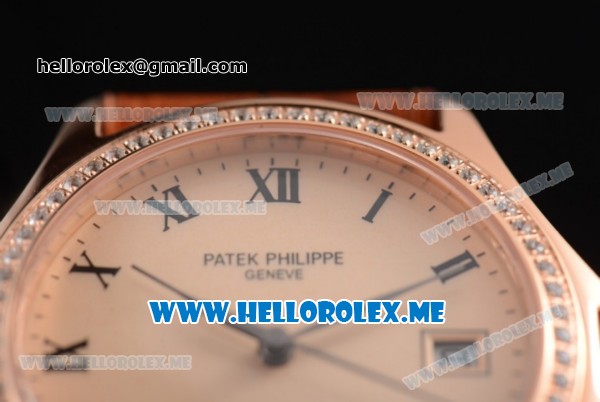 Patek Philippe Calatrava Miyota 9015 Automatic Rose Gold Case with Rose Gold Dial Brown Leather Strap and Roman Numeral Markers Diamonds Bezel - Click Image to Close